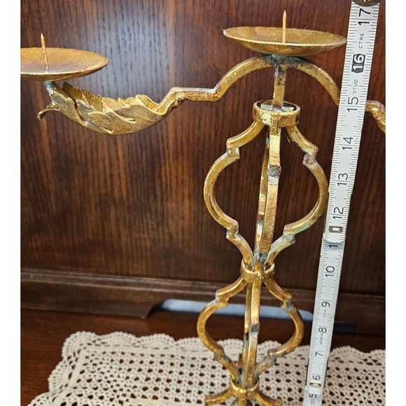 Vintage Candelabra Ornate Brass Standing Pillar Candle Holder w/ 3 Arms Patina - Picture 7 of 8